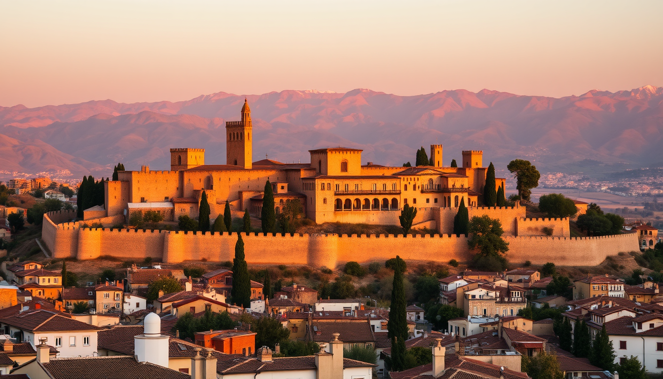 The Alhambra palace complex rises above Granada with the Sierra Nevada mountains visible in the background at sunset.