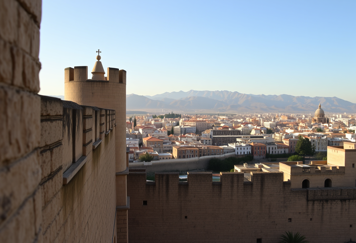Alcazaba fortress ramparts overlook Granada's terracotta rooftops with Sierra Nevada mountains visible in late afternoon light.