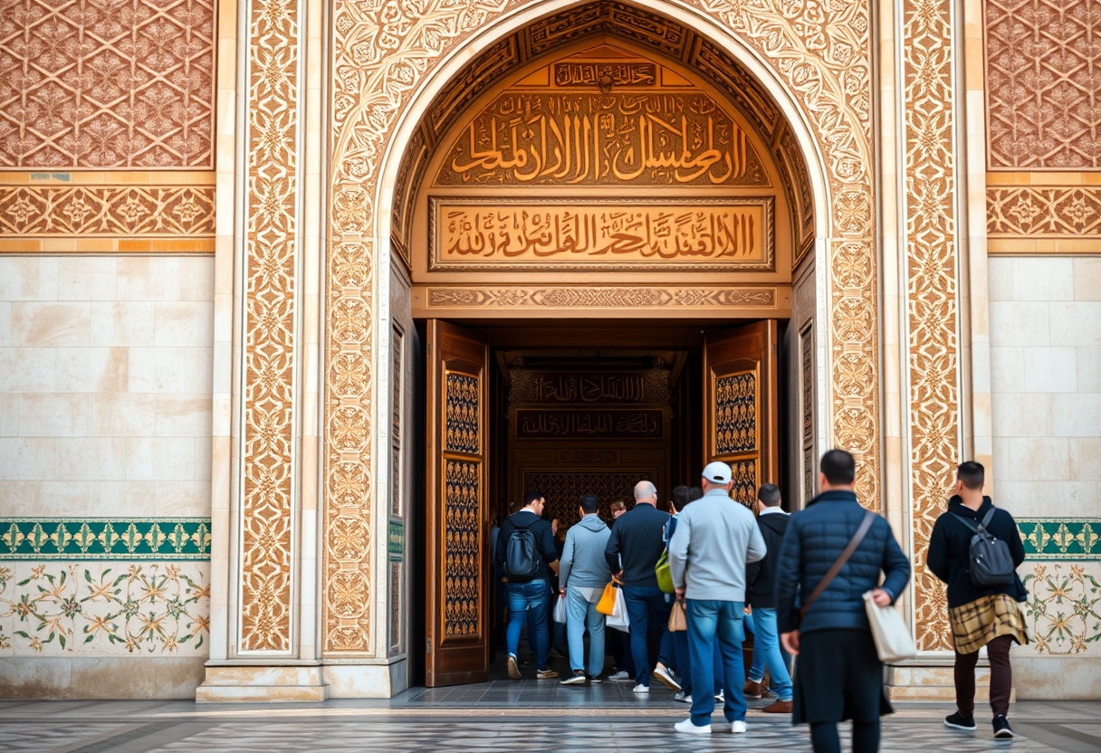 Entrance to the Nasrid Palaces at the Alhambra showing detailed Islamic tilework and visitors waiting for their timed entry slot.