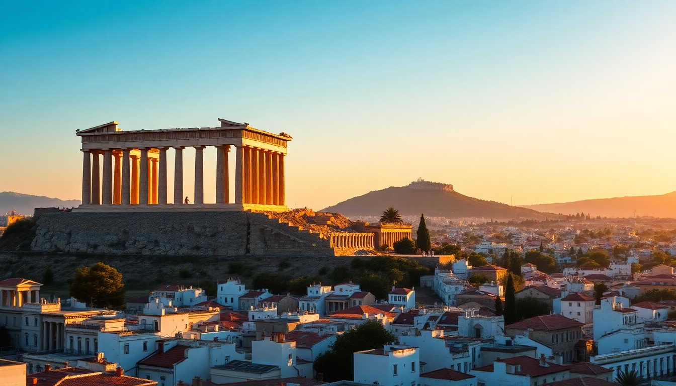 The Acropolis and Parthenon temple rise above Athens rooftops with Mount Lycabettus visible in the background at sunset.
