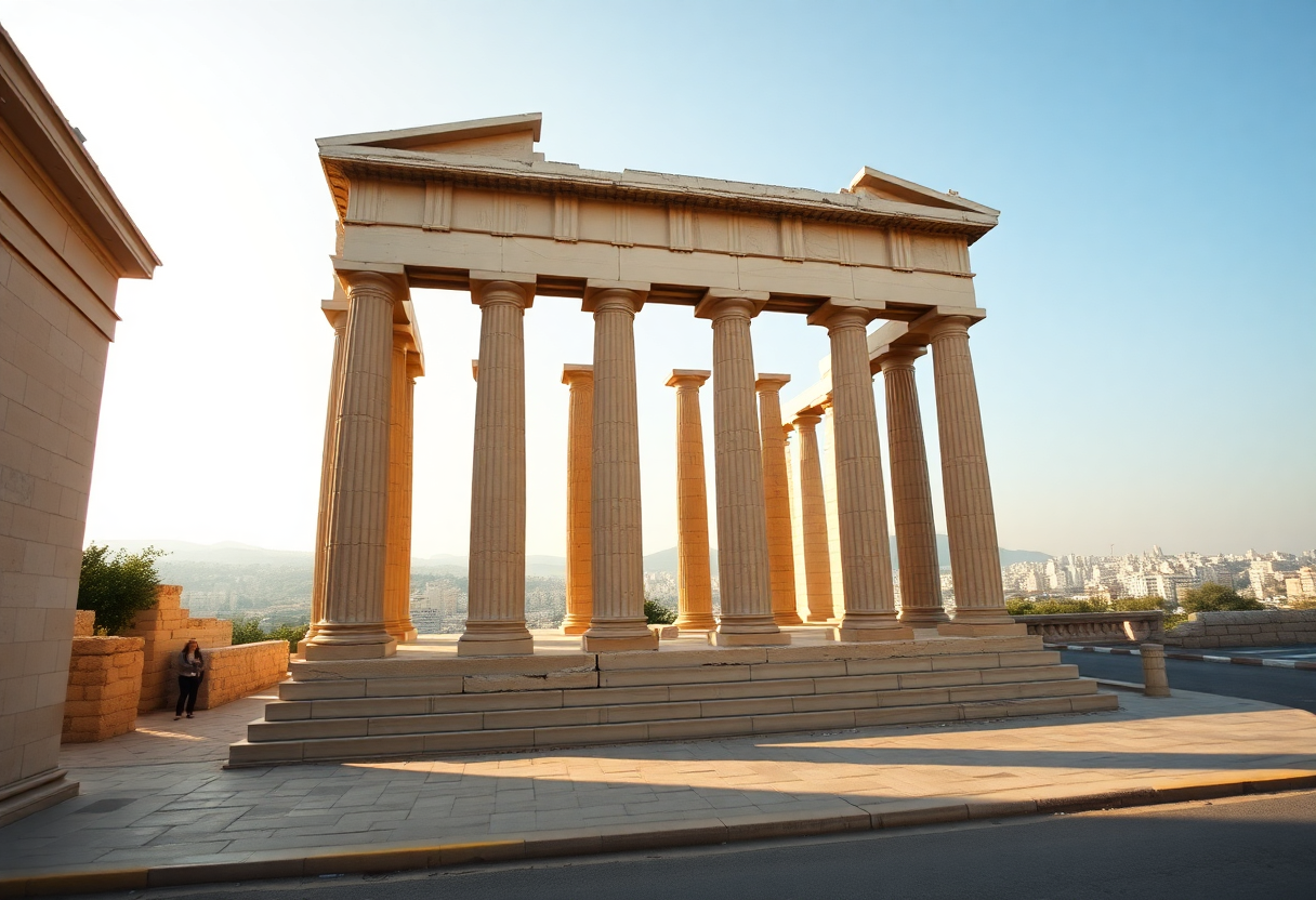 The Erechtheion's Caryatid Porch on the Acropolis features six marble maiden columns in soft morning light with Athens visible below.