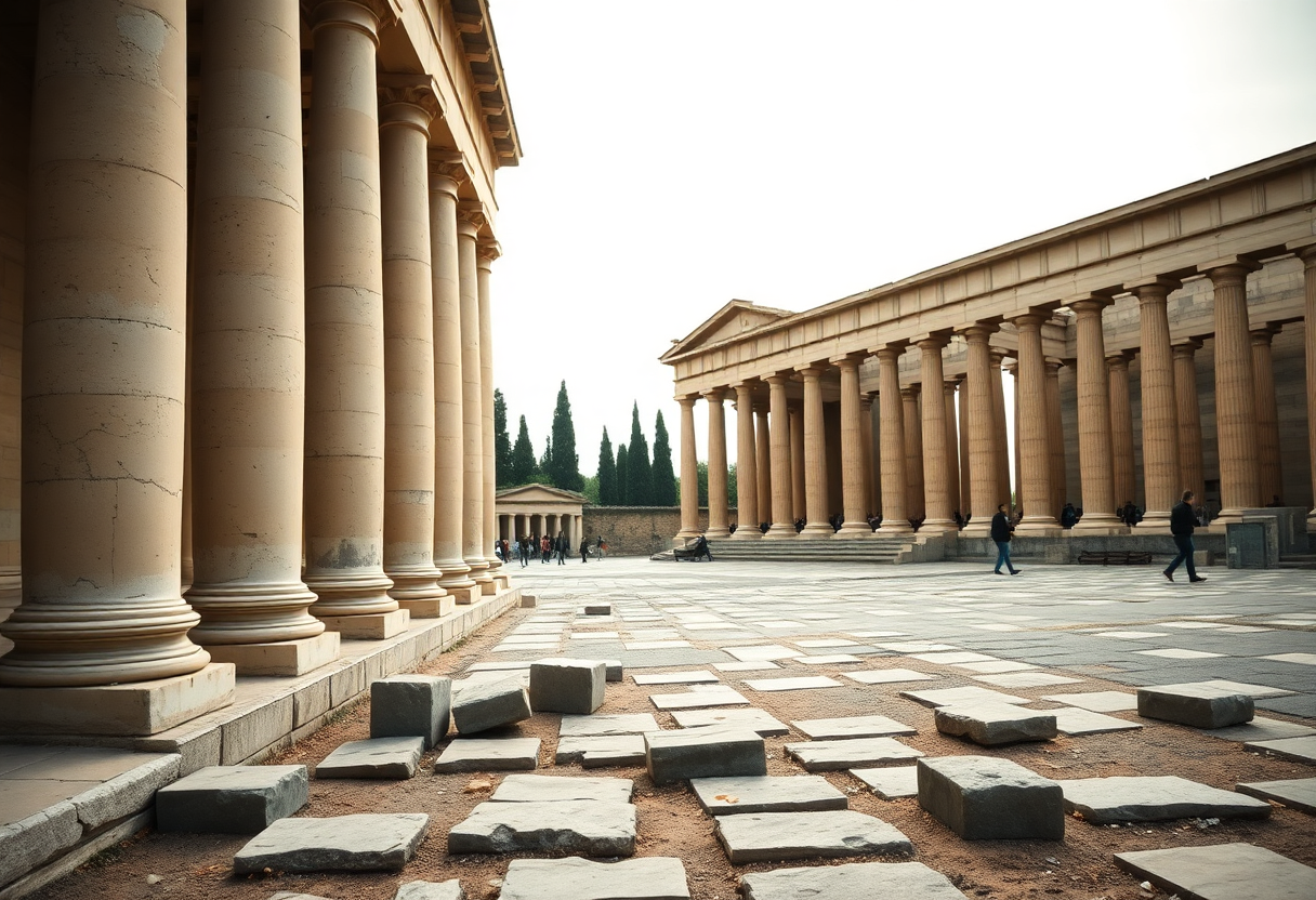 The Temple of Hephaestus stands among scattered ruins in the Ancient Agora of Athens under soft morning light.