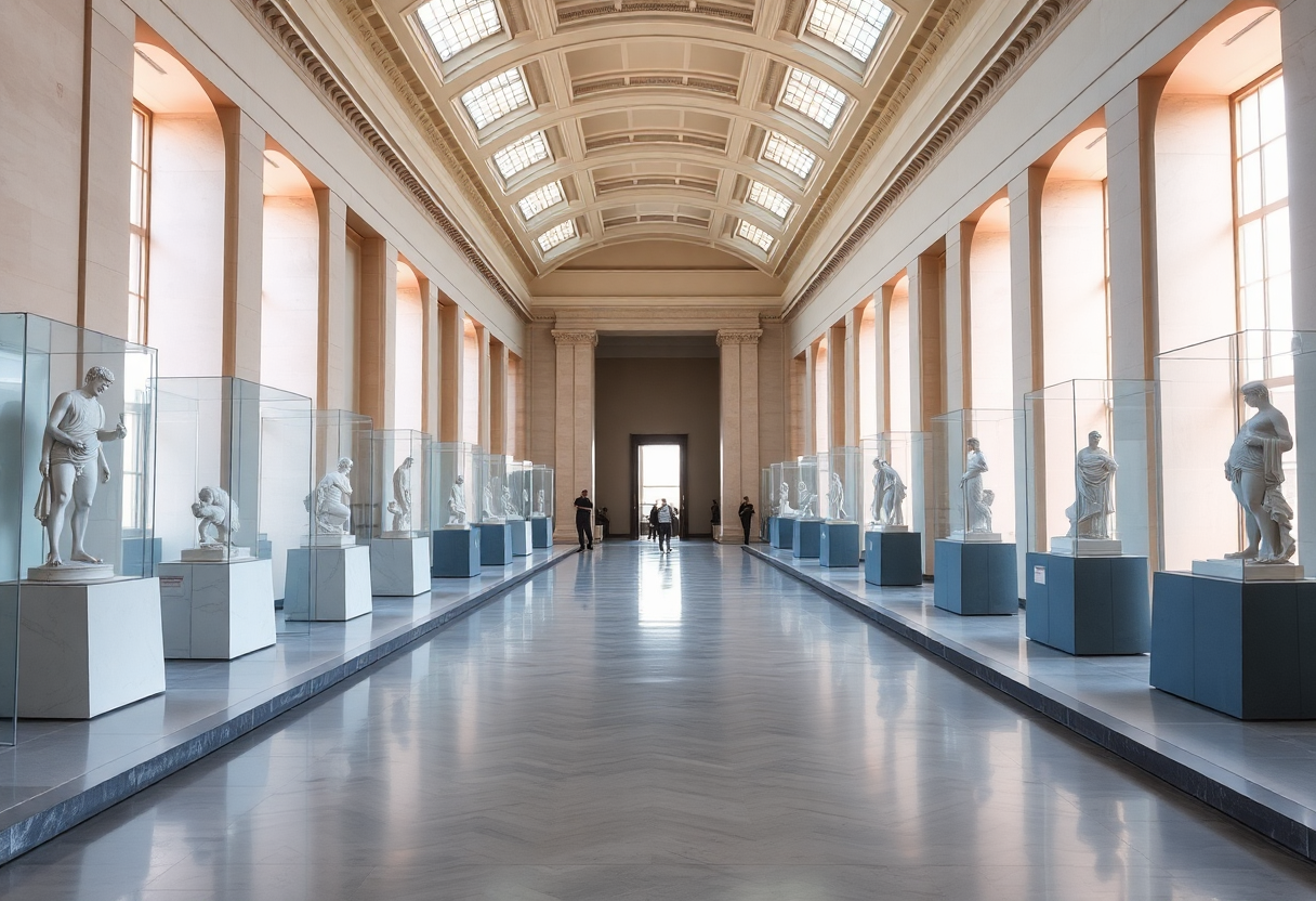 The main sculpture gallery of the National Archaeological Museum in Athens with marble statues displayed in glass cases under soft morning light.