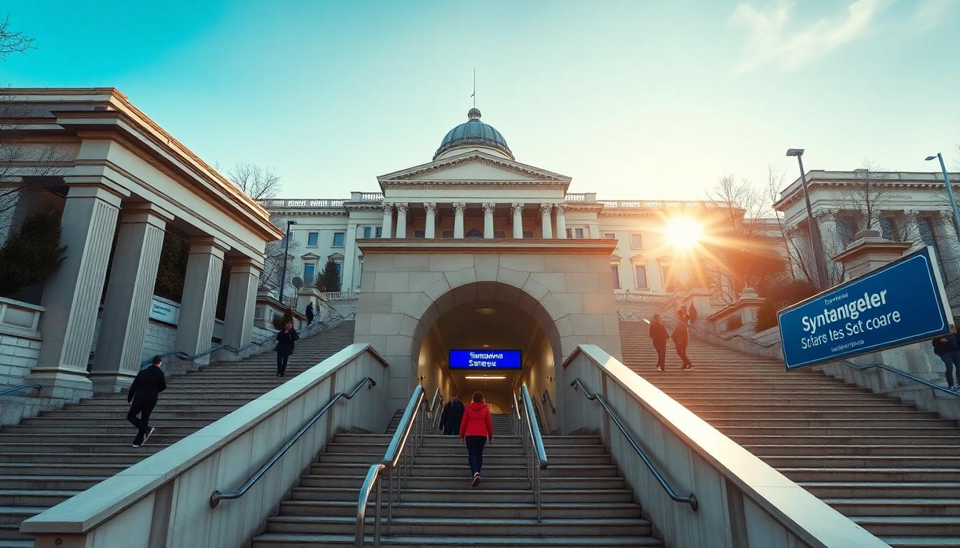 Syntagma Square metro station entrance with the Hellenic Parliament building behind it during morning hours in Athens.