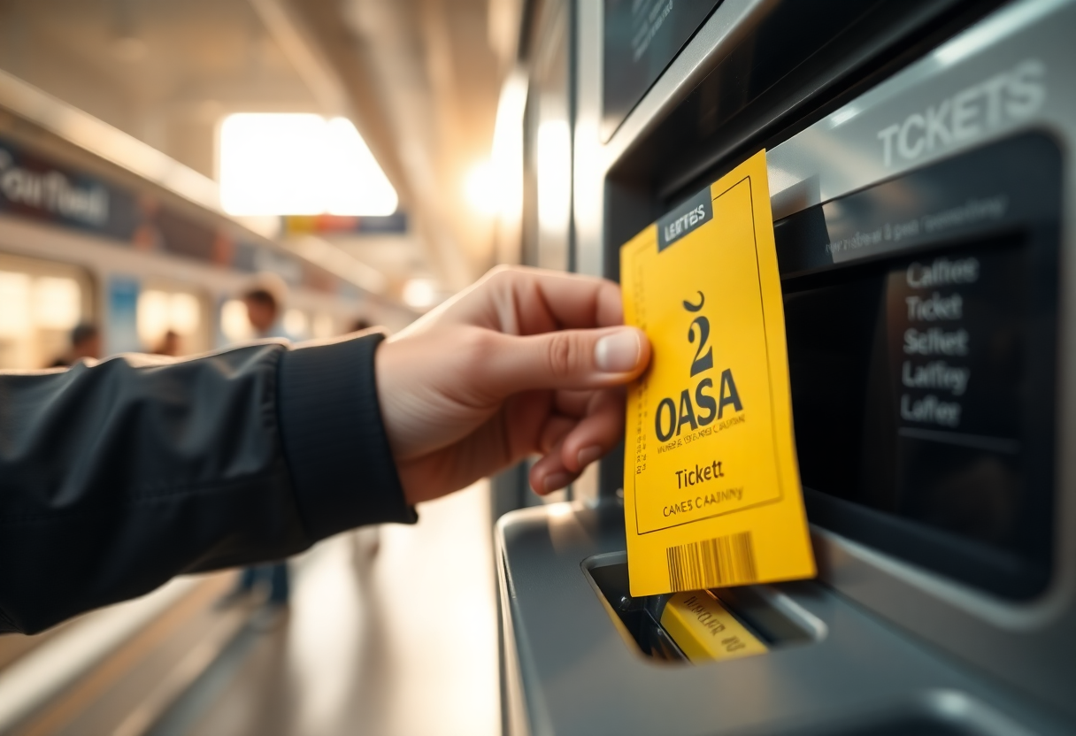 A passenger validates an Athens OASA transport ticket in an electronic validator machine at a metro station.