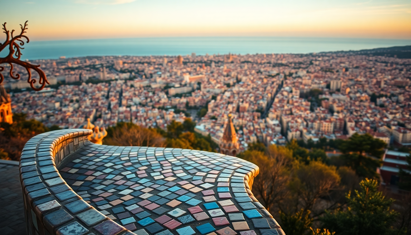 Park Güell's famous mosaic bench curves along the terrace with Barcelona's skyline and Mediterranean coast stretching toward the horizon at sunset.