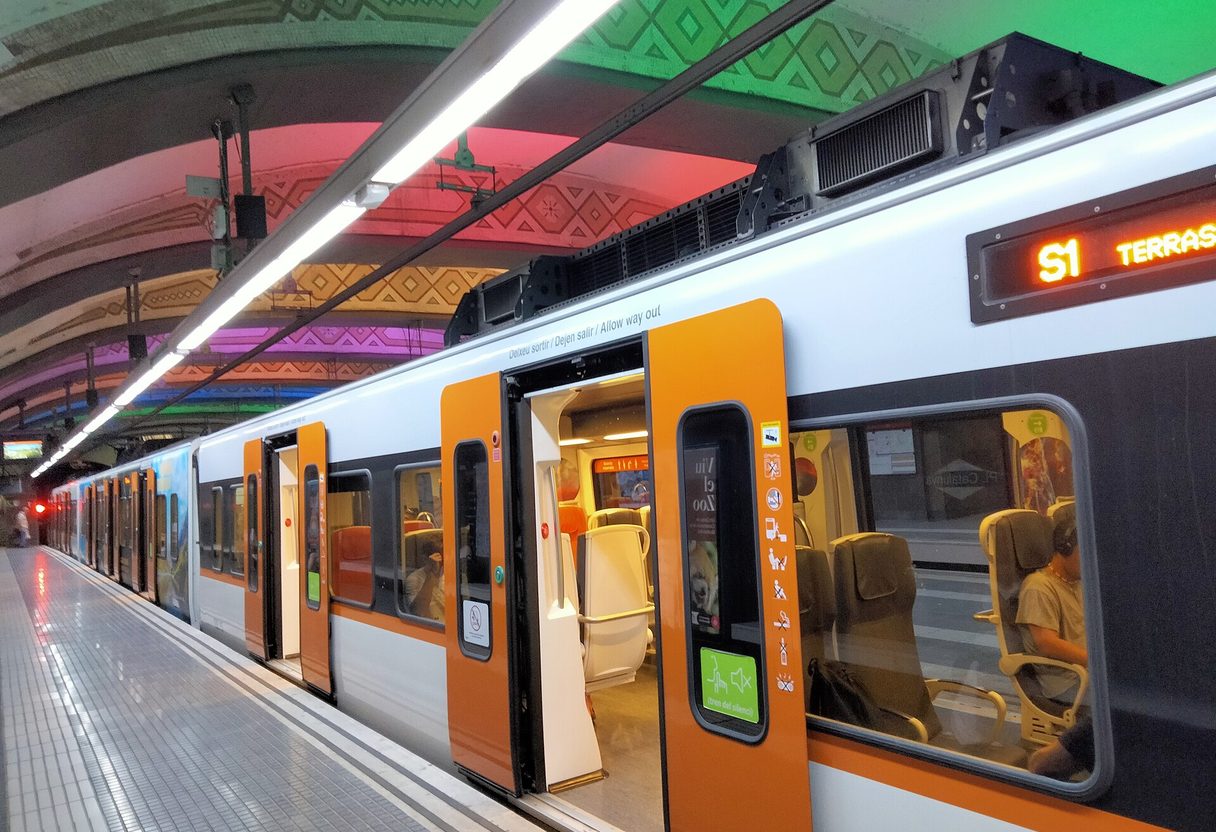 White and orange FGC S1 train with open doors at Plaça de Catalunya station under colourfully lit vaulted ceiling