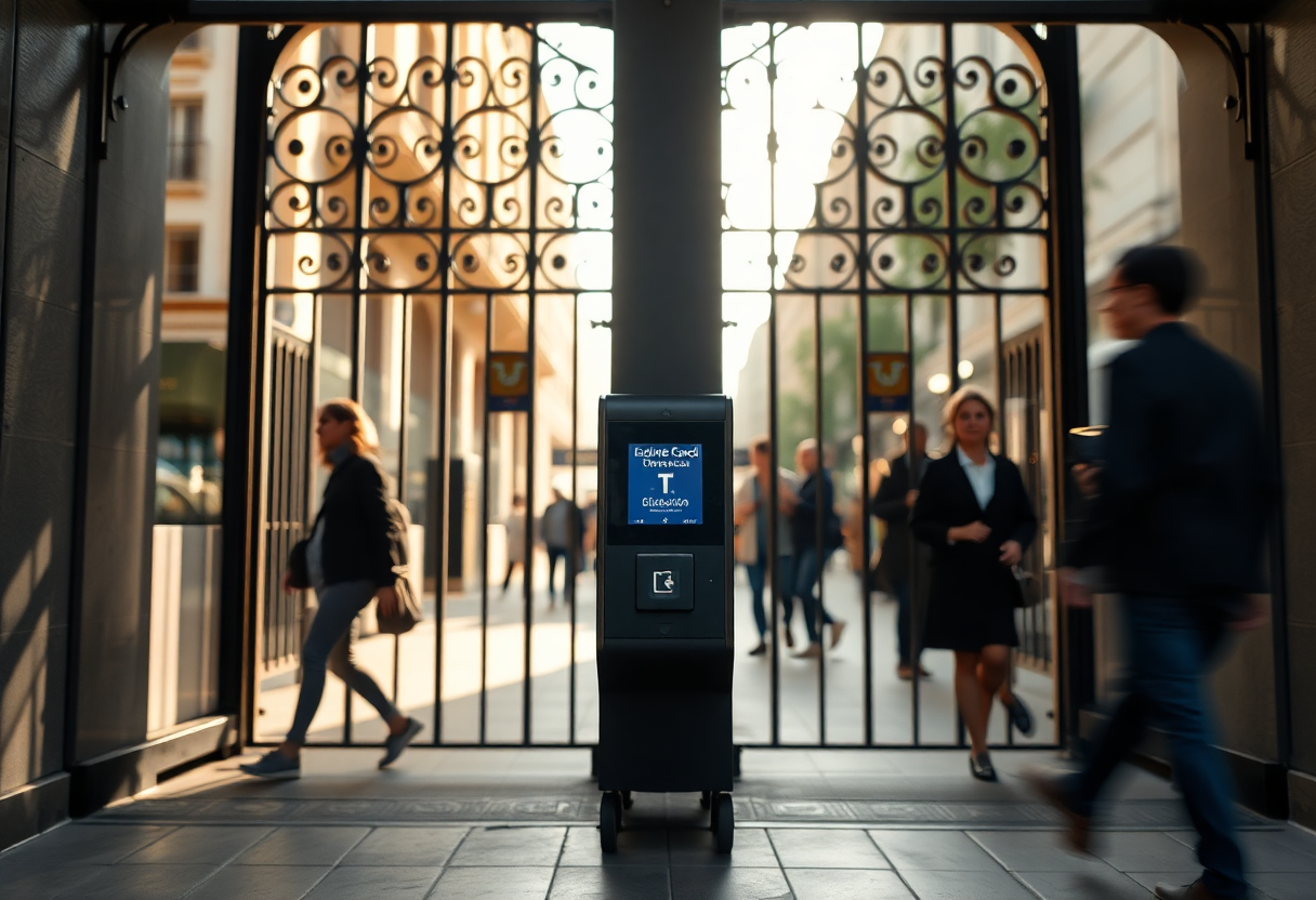 Barcelona metro fare validator at Diagonal station entrance with T-usual card reader during morning commute hours.