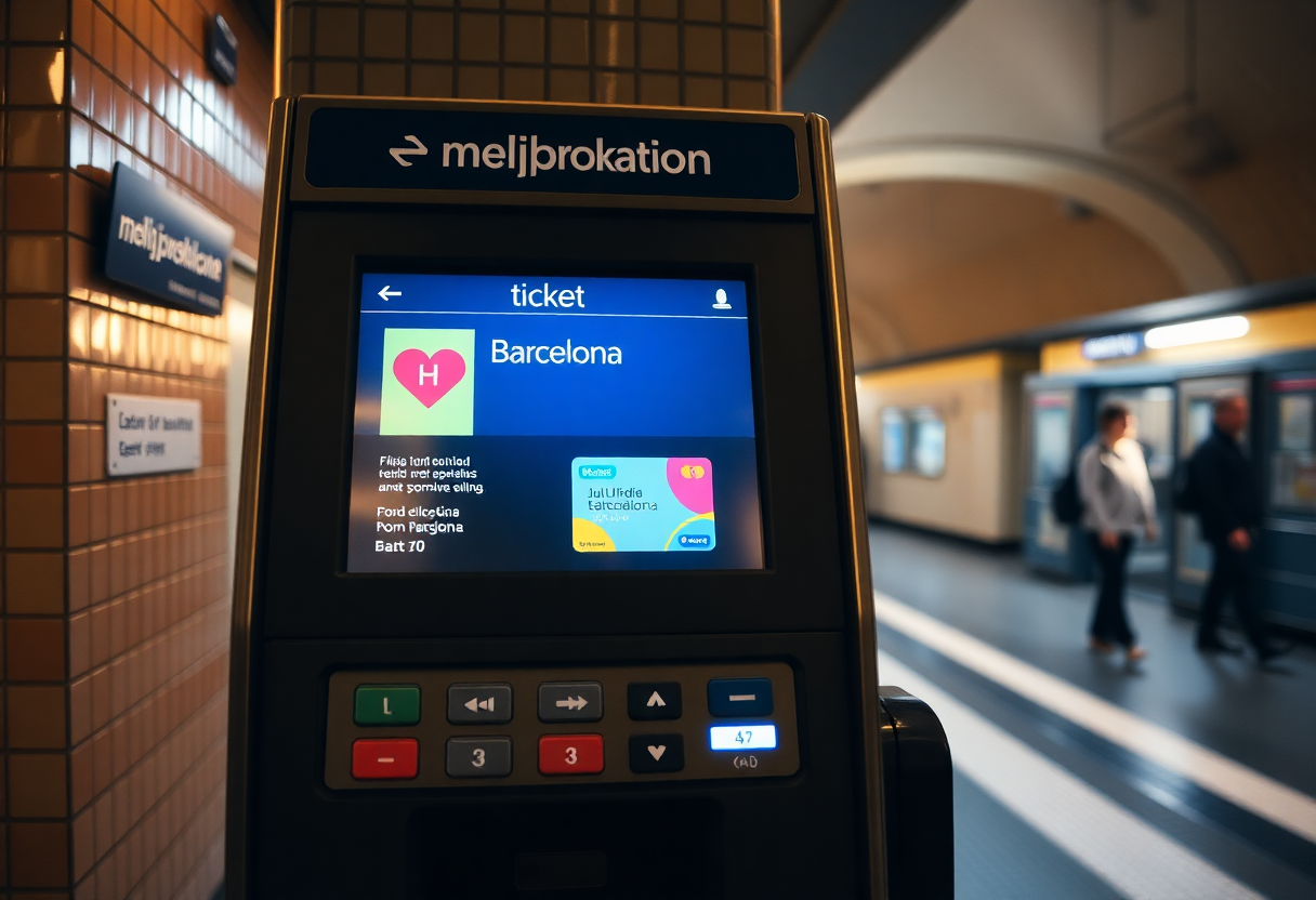 Multilingual ticket machine at a Barcelona metro station displaying Hola Barcelona travel card purchase options with platform tiles visible in background.