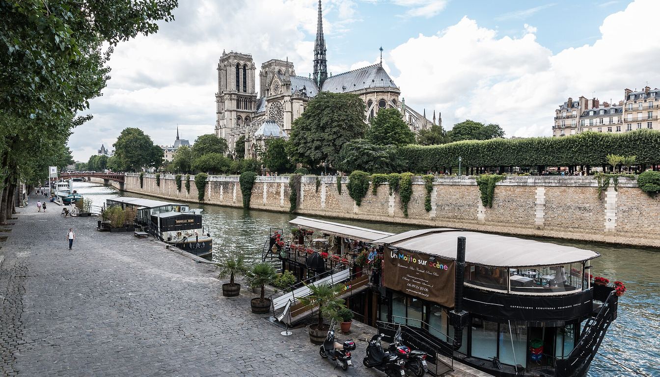 Notre-Dame cathedral rising above trees across the Seine, with houseboats moored along a cobbled quay