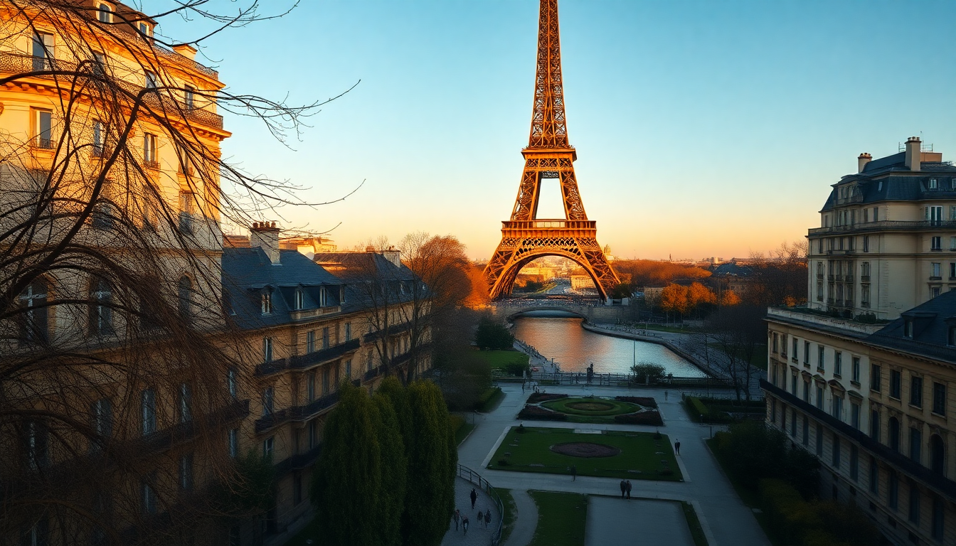 The Eiffel Tower stands above Trocadéro Gardens with the Seine river and Haussmann buildings visible at golden hour.