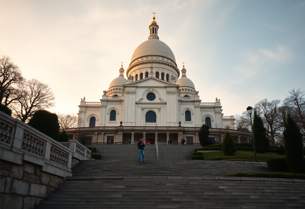 Sacré-Cœur basilica rises above Montmartre's terraced gardens at early morning with white travertine domes illuminated by soft golden light.