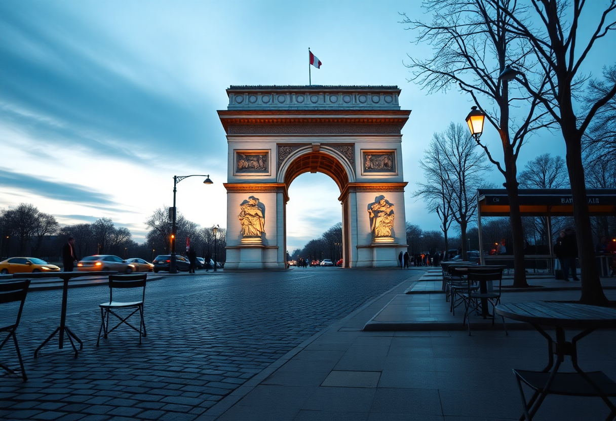 Arc de Triomphe stands at the western end of the Champs-Élysées avenue during blue hour with wet cobblestones reflecting twilight.