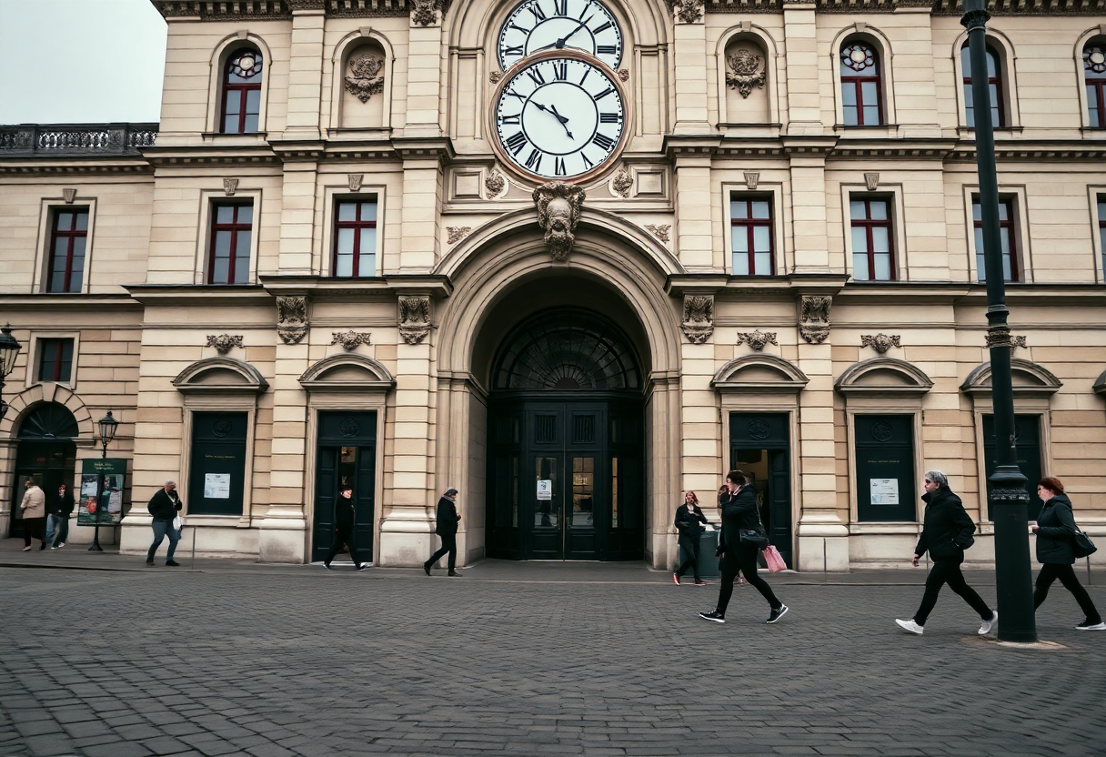 Musée d'Orsay entrance with ornate Beaux-Arts clock and archway on a quiet morning in Paris.