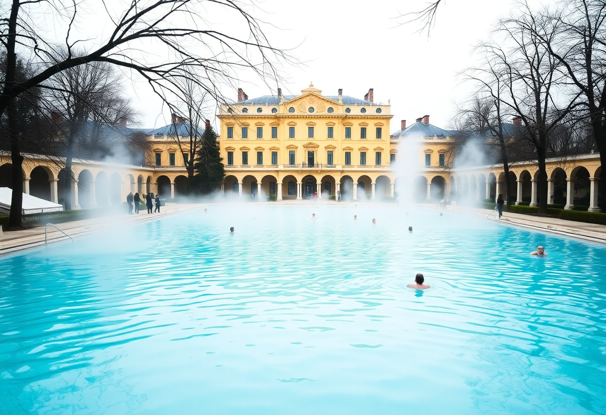 Széchenyi Thermal Bath outdoor pools with steam rising in winter, yellow neo-baroque building visible behind turquoise water in Budapest.