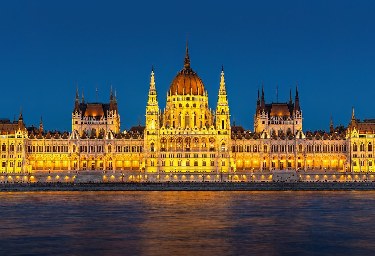 Hungarian Parliament Building lit up in golden light at blue hour, reflected in the Danube