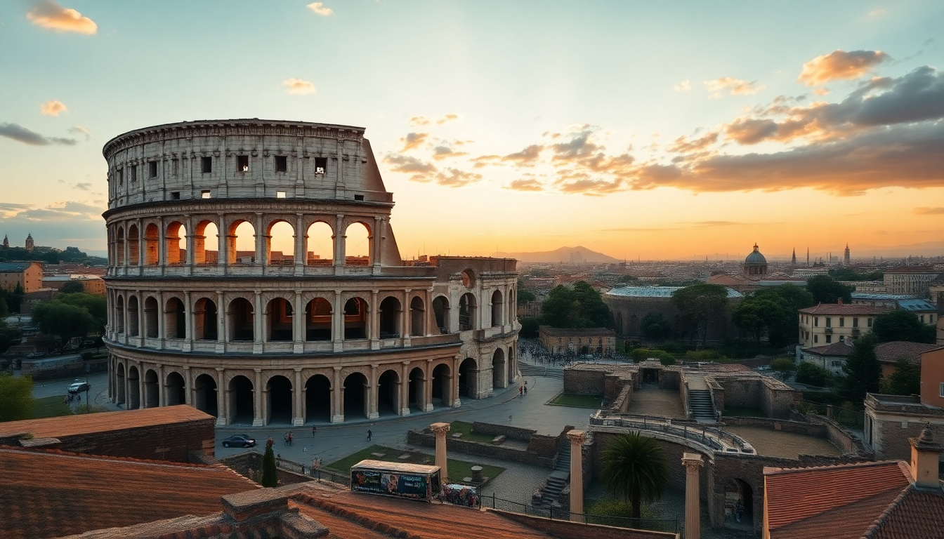 The Colosseum viewed from Oppian Hill at sunset with Roman Forum ruins and orange sky in the background.