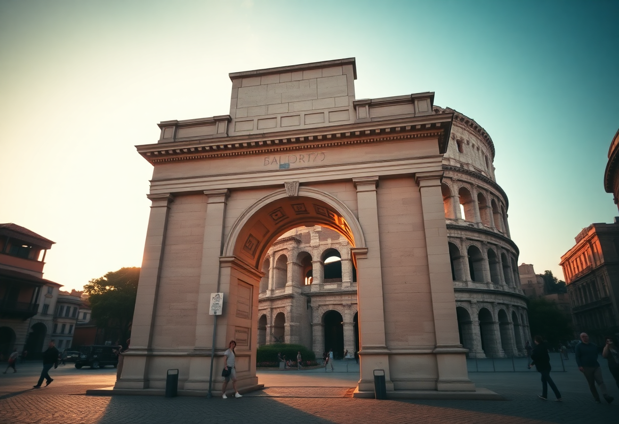 The Arch of Constantine frames the Colosseum in the background during golden hour in Rome.