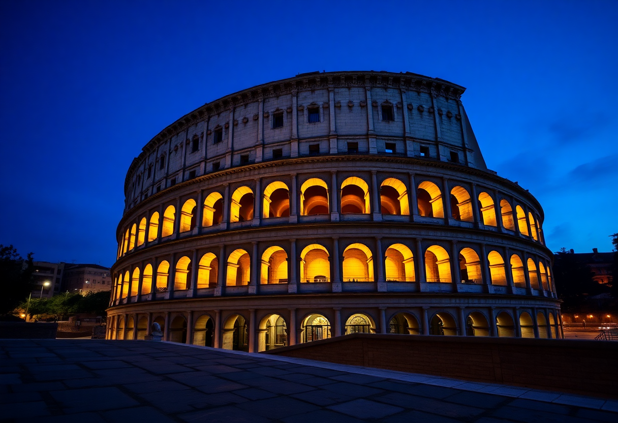 The Colosseum illuminated by amber floodlights against a deep blue twilight sky during blue hour, viewed from Colle Oppio terrace.