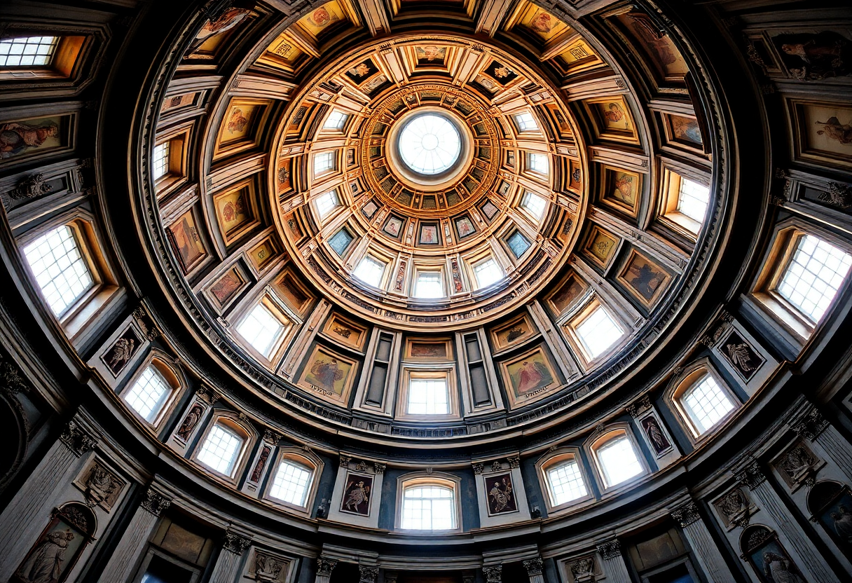 Interior view of St. Peter's Basilica dome with ornate Renaissance frescoes and gilded coffers in soft morning light.