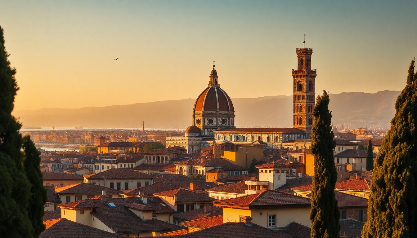 Florence cityscape from Piazzale Michelangelo showing the Duomo dome and Palazzo Vecchio tower above terracotta rooftops at golden hour.