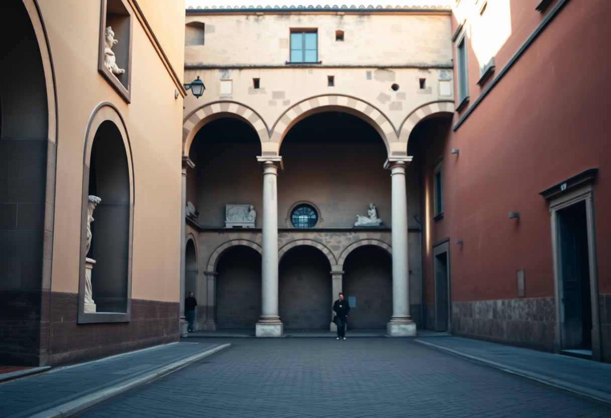 Bargello National Museum courtyard in Florence with Renaissance arched loggia and stone sculptures in afternoon light.