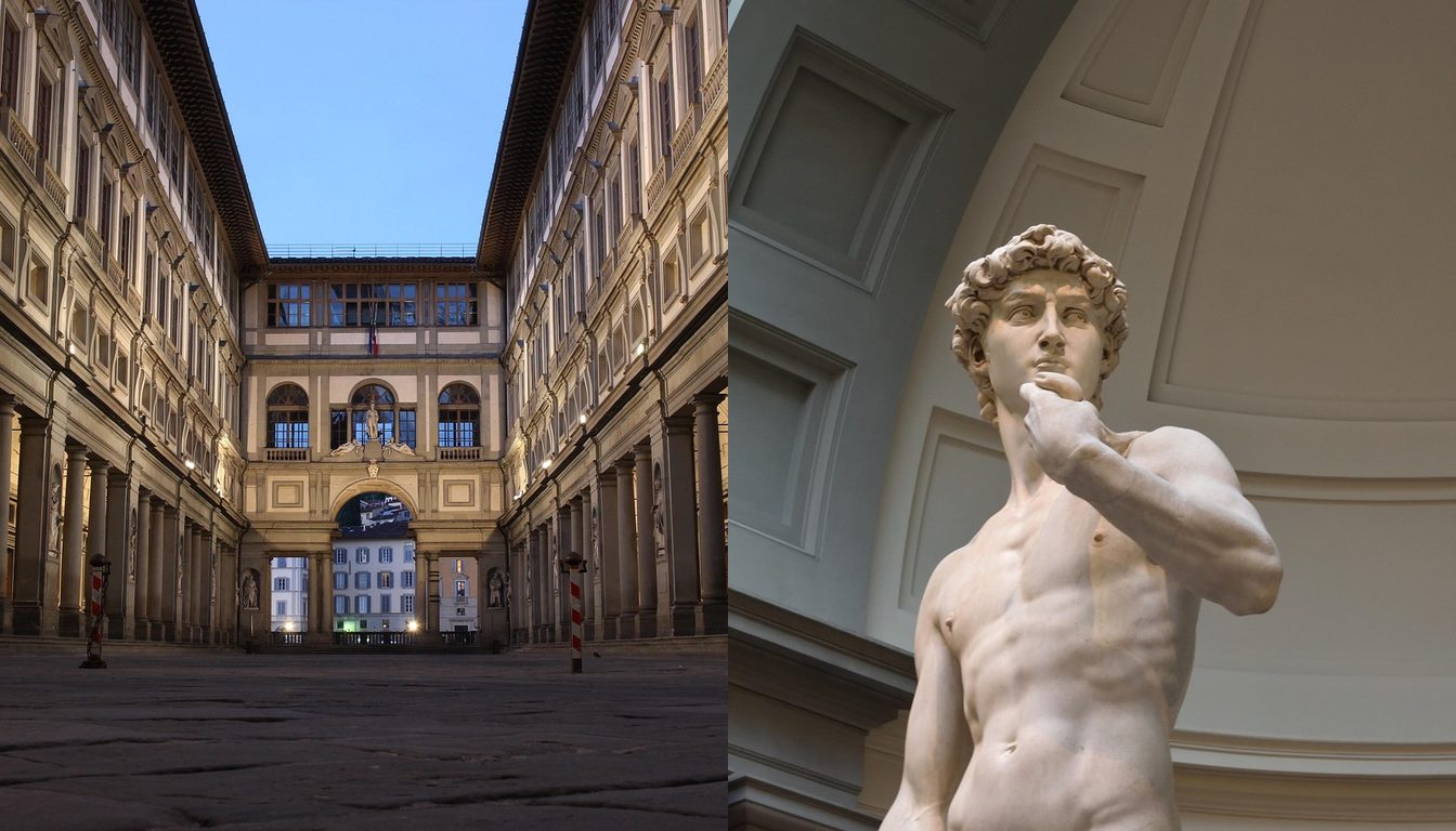 Empty Uffizi courtyard at dawn, long colonnaded wings leading to the arched end facing the Arno / Michelangelo's David seen from below beneath the coffered dome of the Galleria dell'Accademia tribune in Florence