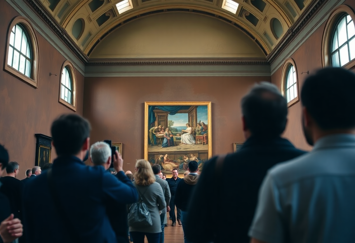 The Uffizi Gallery's Botticelli room displays Primavera on the wall with natural light streaming through arched windows.
