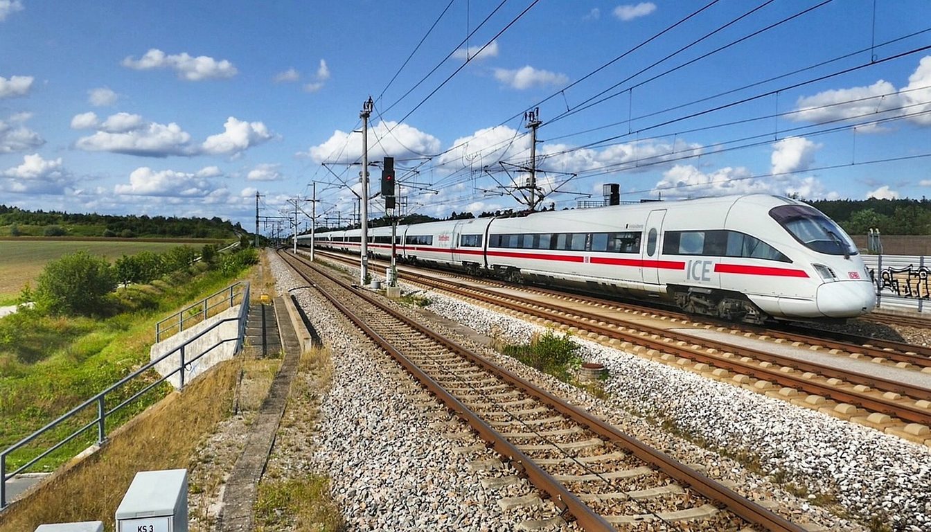 White Deutsche Bahn ICE train with red stripe on tracks through green countryside under a blue sky with clouds