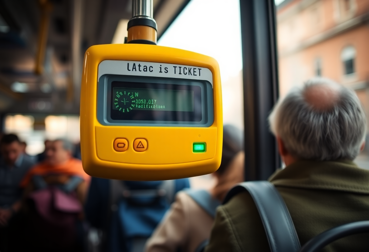 A yellow ATAC ticket validation machine inside a Rome public bus with soft morning light filtering through the windows.