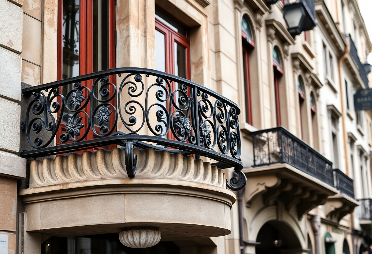 Art Nouveau balcony detail with wrought iron floral motifs on a historic building facade along İstiklal Caddesi in Beyoğlu, Istanbul.