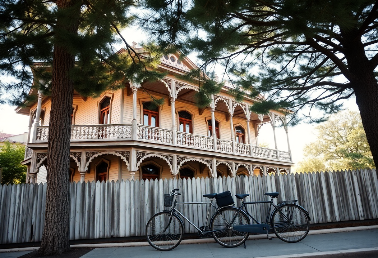 Historic wooden Ottoman mansion with carved balconies on Büyükada in the Princes' Islands, surrounded by pine trees in morning light.