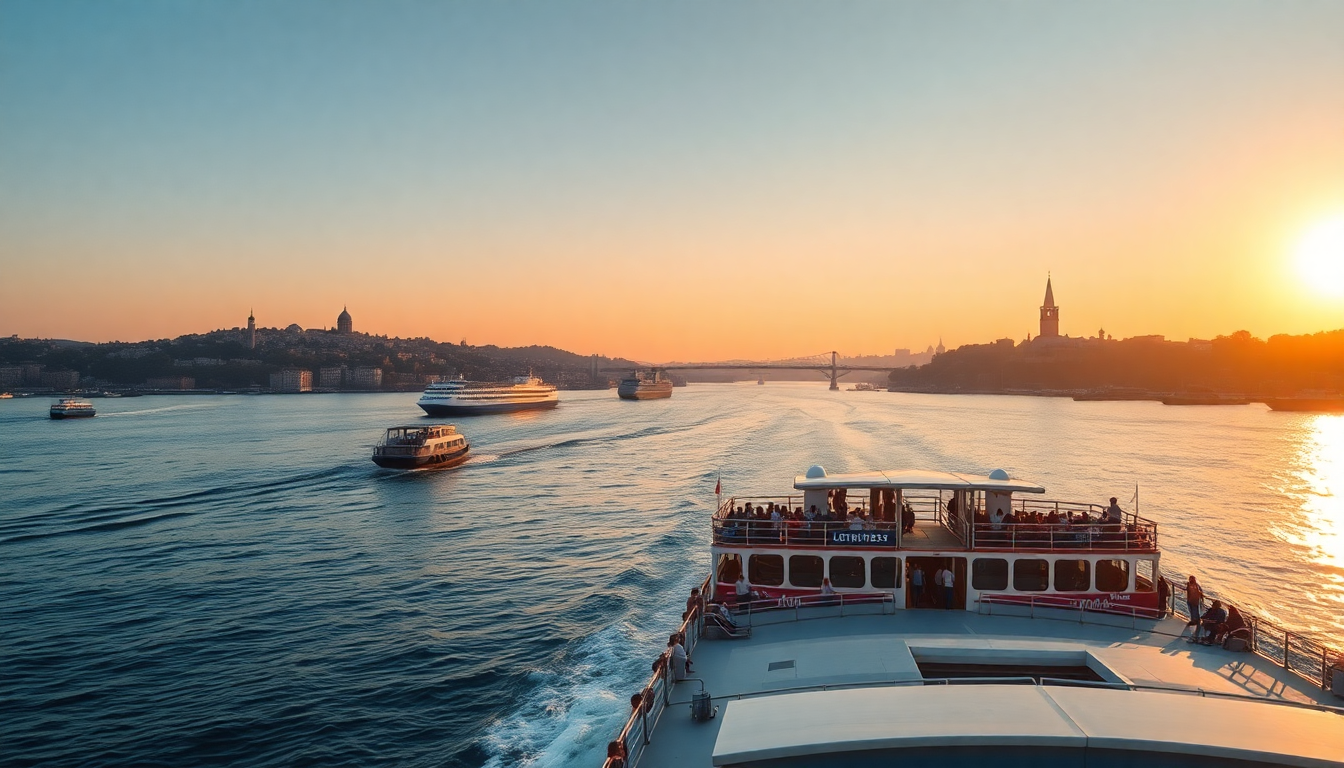 Bosphorus passenger ferries crossing between continents with Galata Tower and Istanbul's historic skyline at sunset.