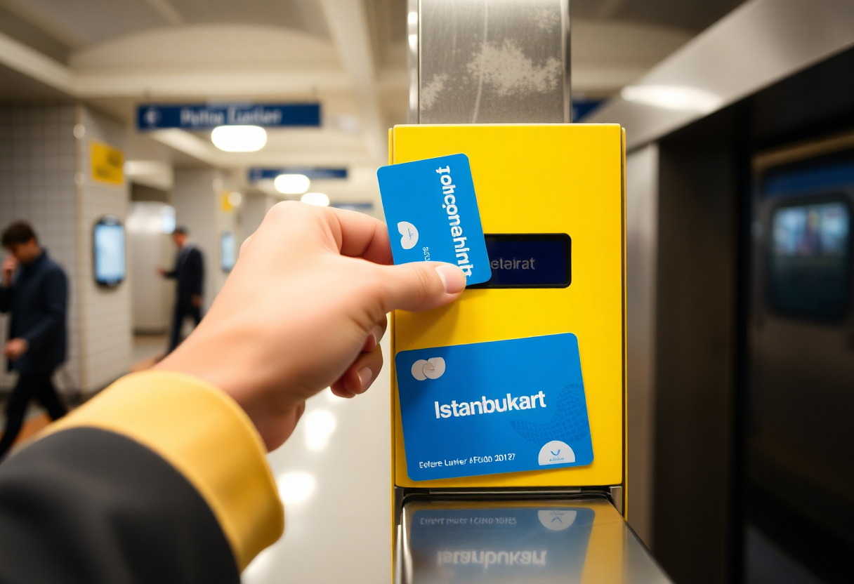 A traveler taps an Istanbulkart on a metro turnstile reader inside an Istanbul subway station under indoor lighting.