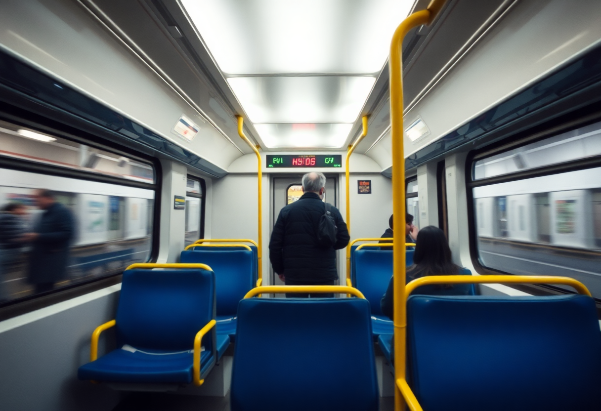 Interior of an Istanbul metro train with blue seats and yellow handrails during a typical journey through the city.