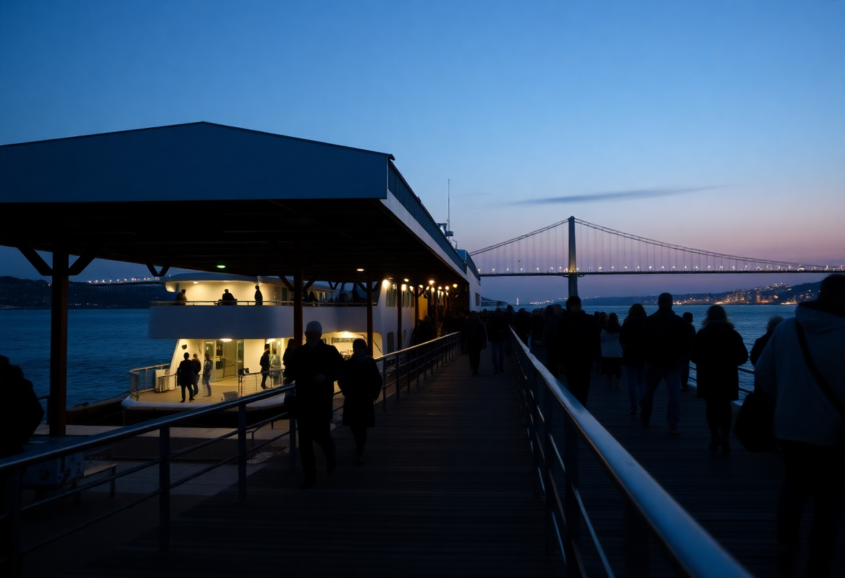 Kadıköy ferry pier at twilight with passengers boarding a commuter ferry as the illuminated Bosphorus Bridge spans the background.