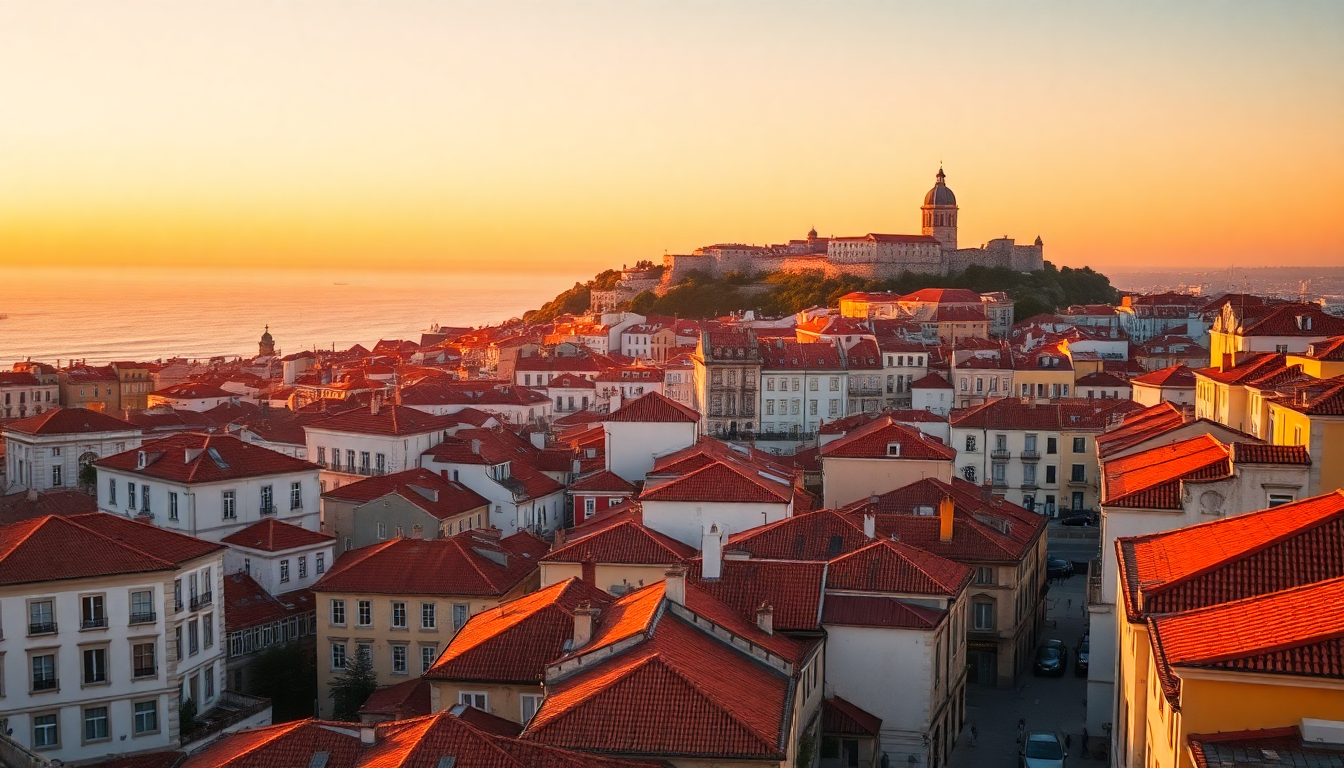 Alfama district's terracotta rooftops cascade toward the Tagus River with São Jorge Castle above at golden hour in Lisbon.