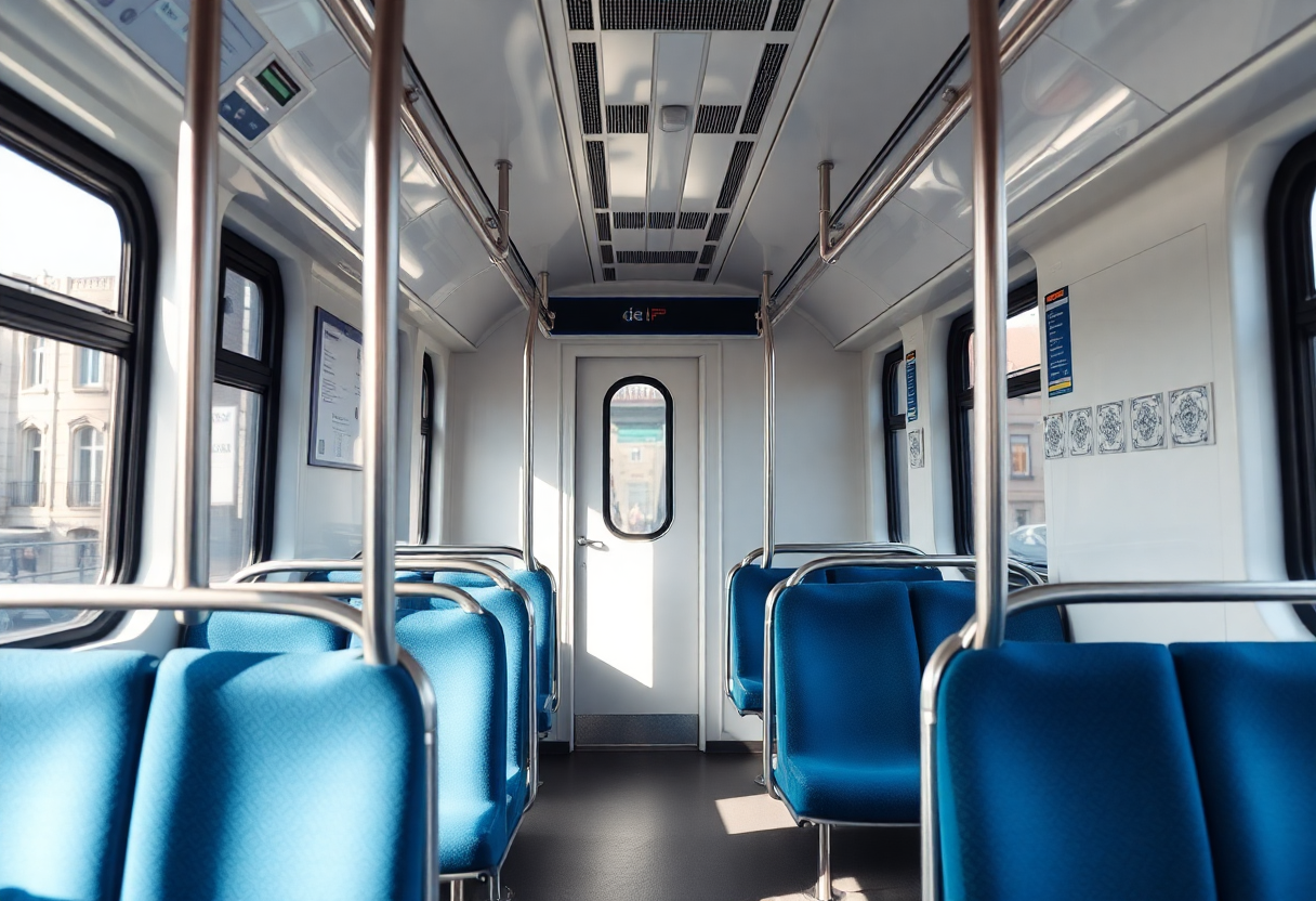 Empty seats and handrails inside a Lisbon metro carriage during off-peak travel hours with natural window light.