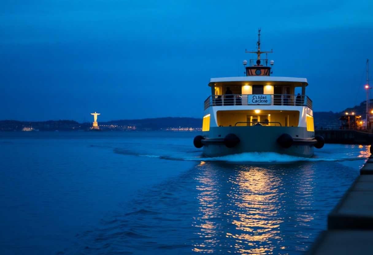 Cacilhas ferry crossing the Tagus river from Cais do Sodré terminal toward the south bank at dusk with Cristo Rei visible in the distance.