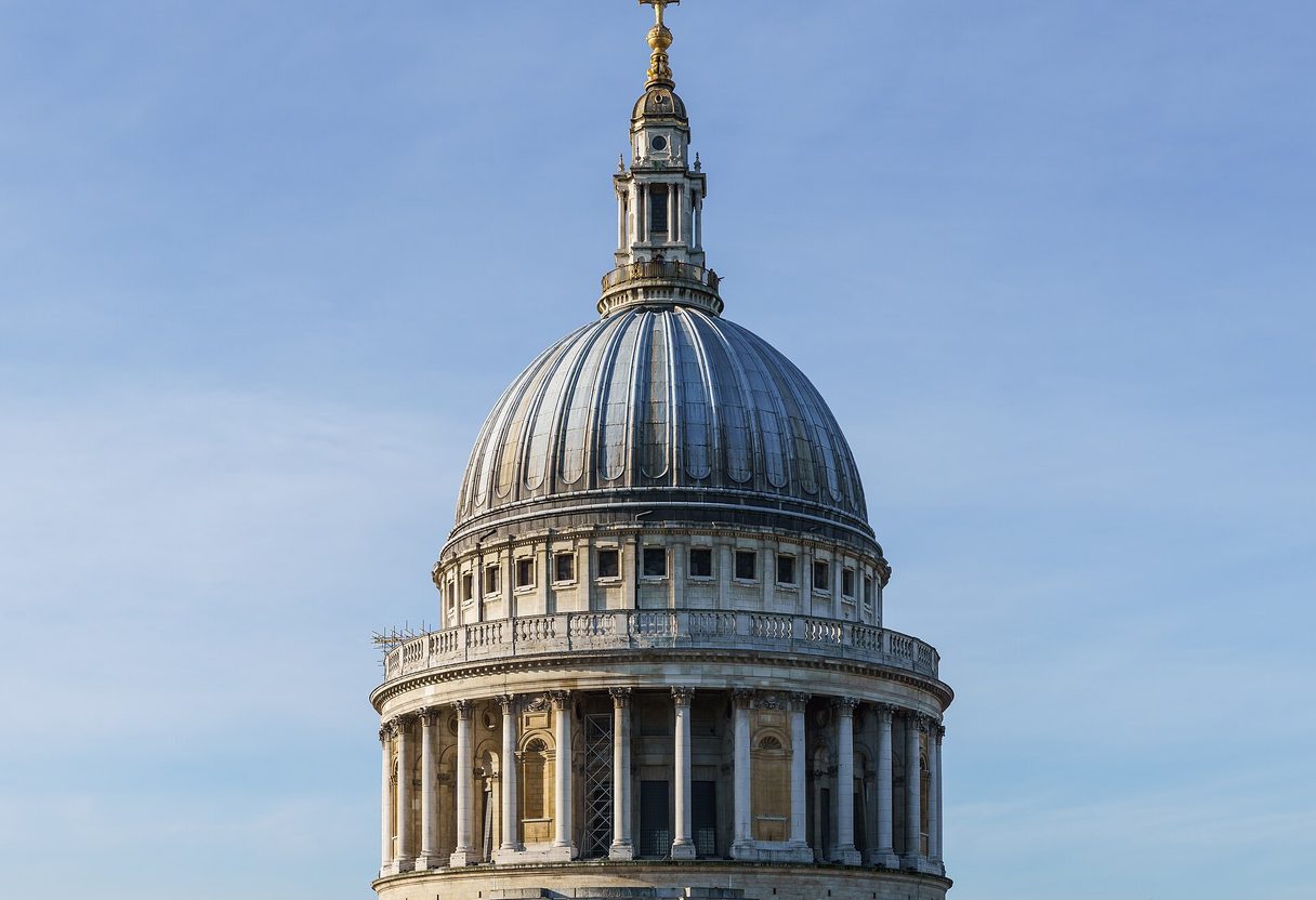 Dome of St Paul's Cathedral with its colonnaded drum and golden cross against a clear blue sky