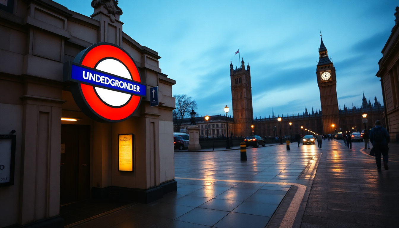 Westminster Underground station entrance with illuminated roundel sign and Big Ben visible in the background during evening blue hour.