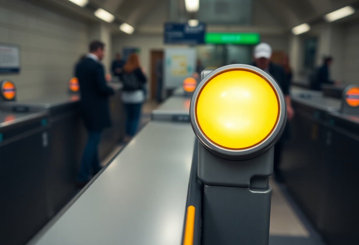 Yellow contactless payment reader on a London Underground ticket gate with blurred commuters in the background.