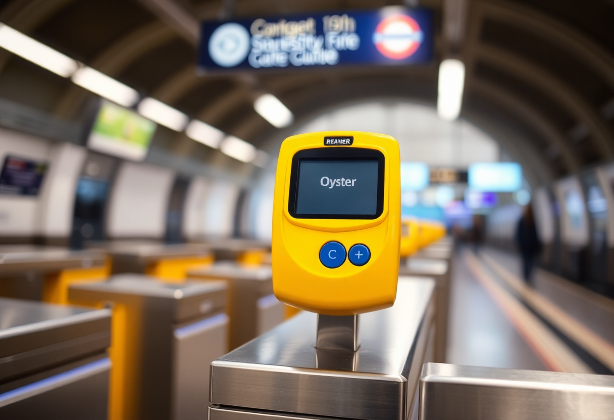 Yellow card reader mounted on a London Underground barrier gate with turnstile mechanism visible in soft focus behind.