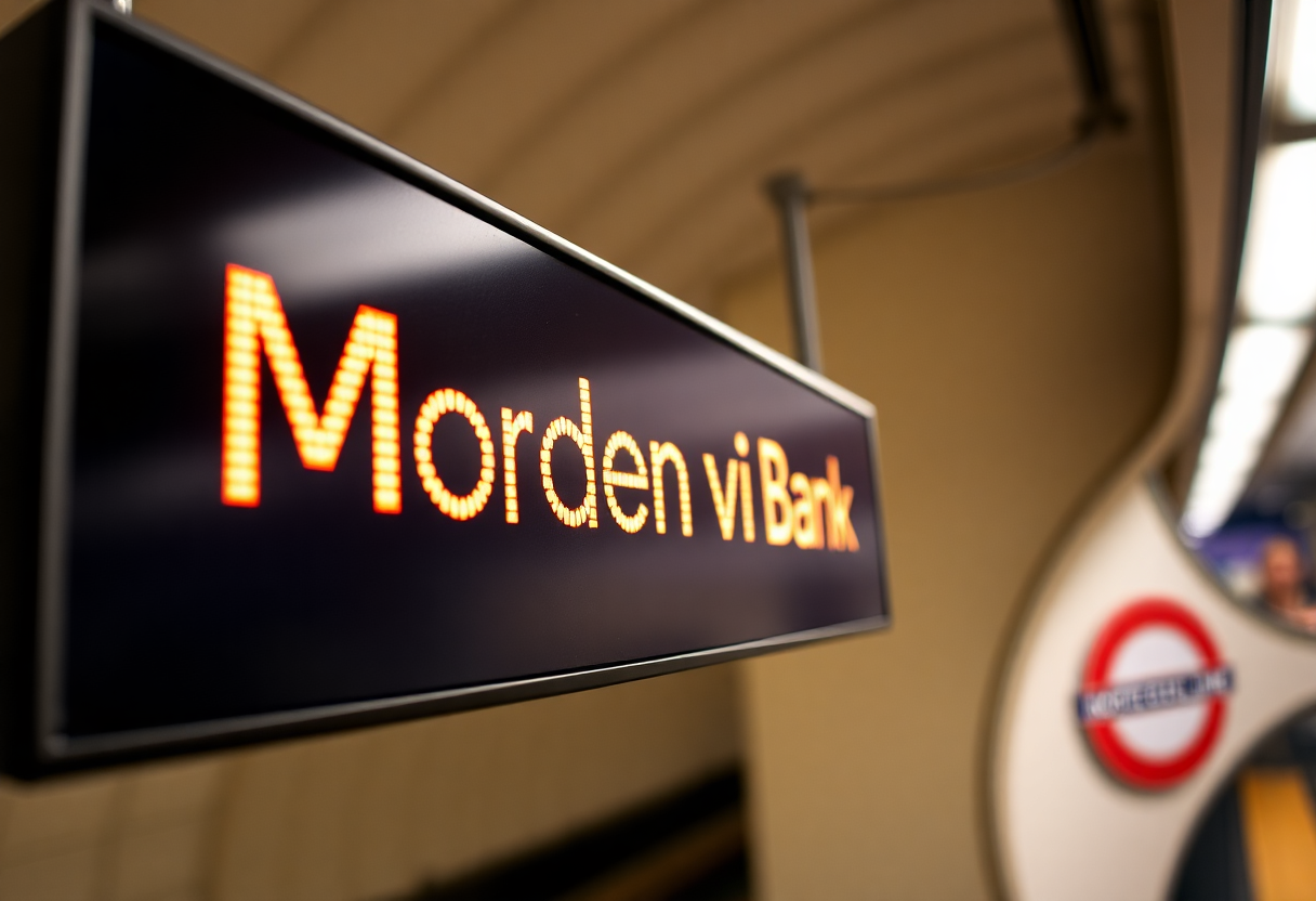 Digital destination display on a London Underground platform showing train terminus and route information in amber LED text.