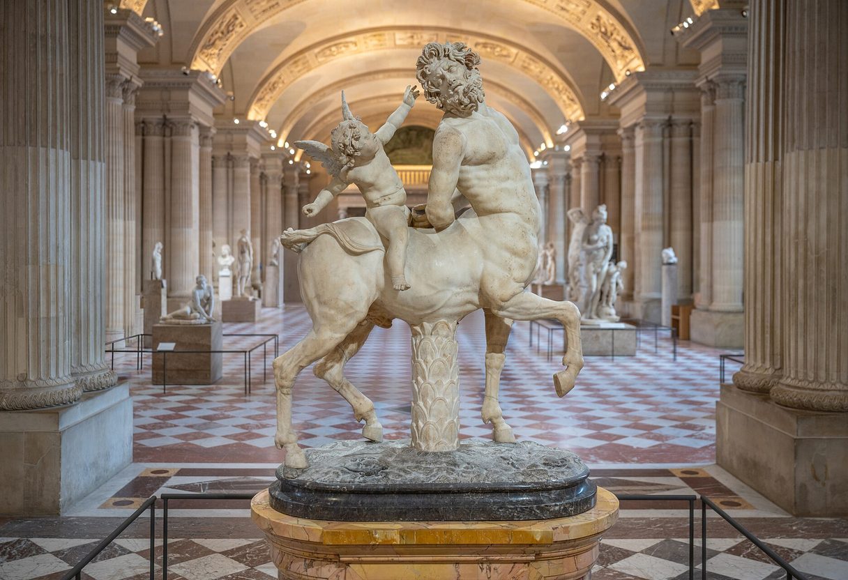 Marble Centaur with Cupid statue in a vaulted Louvre antiquities gallery lined with columns and classical sculptures