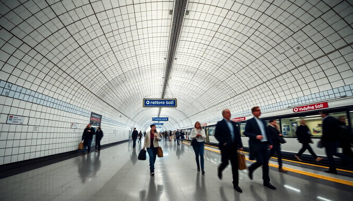 Madrid Metro Sol station interior showing white tiled vaults and blue ceramic directional signs during morning commute.
