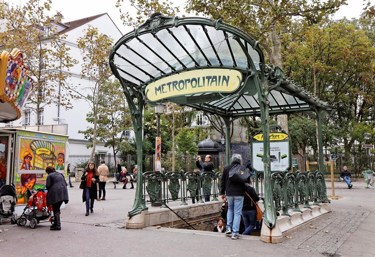 Art Nouveau Guimard entrance of Abbesses metro station with glass canopy and green railings in Montmartre