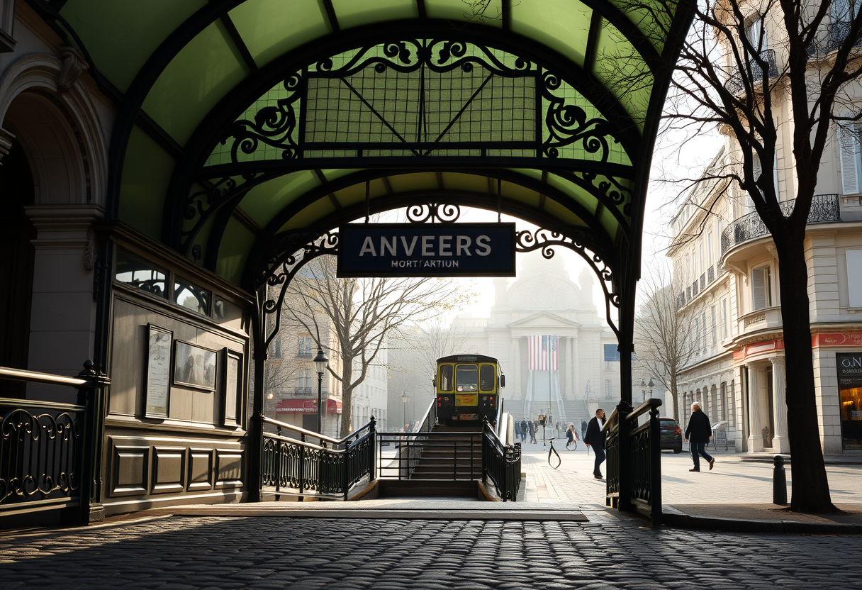 Anvers metro station entrance with Art Nouveau canopy at the base of Montmartre hill near the funicular in Paris.