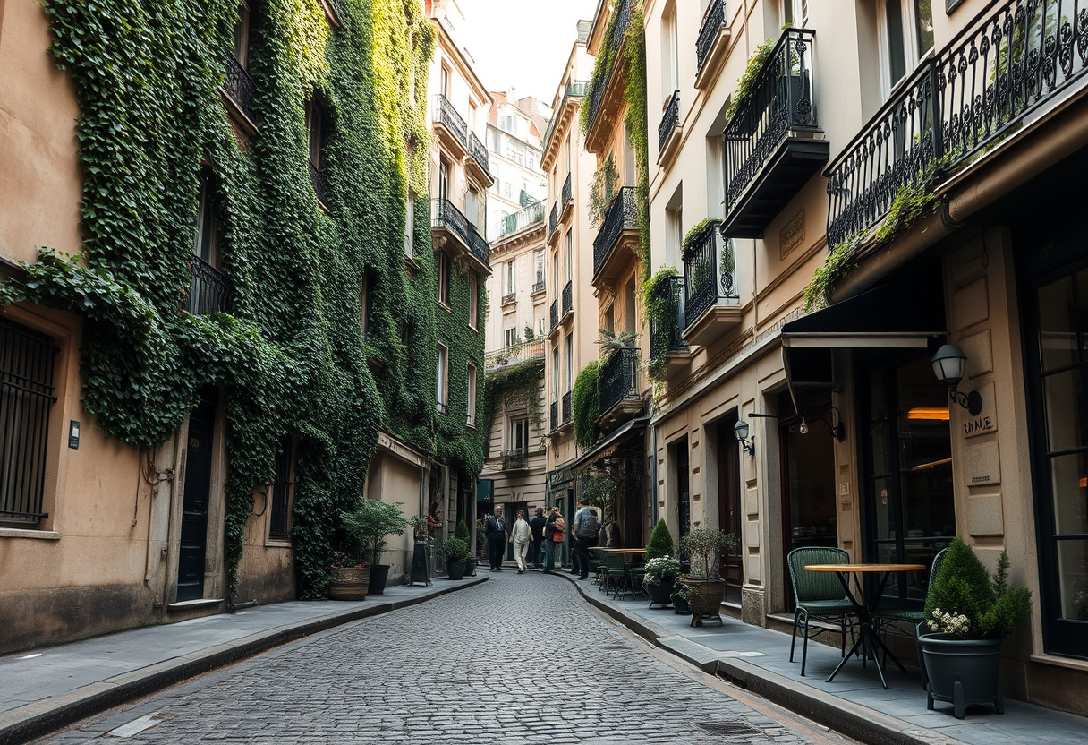 A quiet cobblestone side street in residential Montmartre with ivy-covered facades and a small café terrace in morning light.