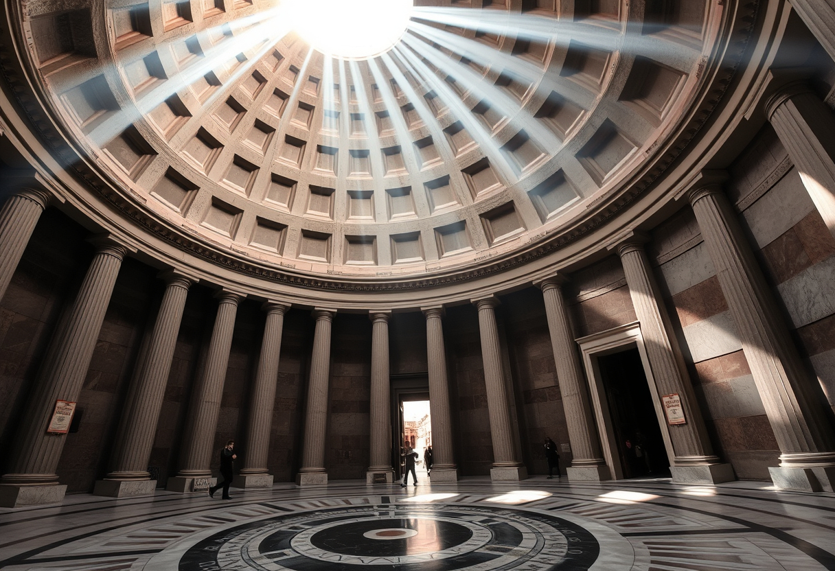 Sunlight streaming through the Pantheon's oculus illuminates the geometric marble floor and coffered dome interior in Rome.